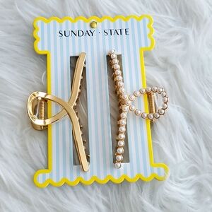 Sunday State Gold and Pearl Hair Clips Set Of 2 NWT